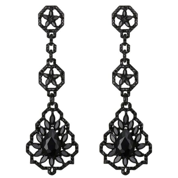 Carbon Black with Onyx Austrian Crystal Flower Teardrop Chandelier Earrings